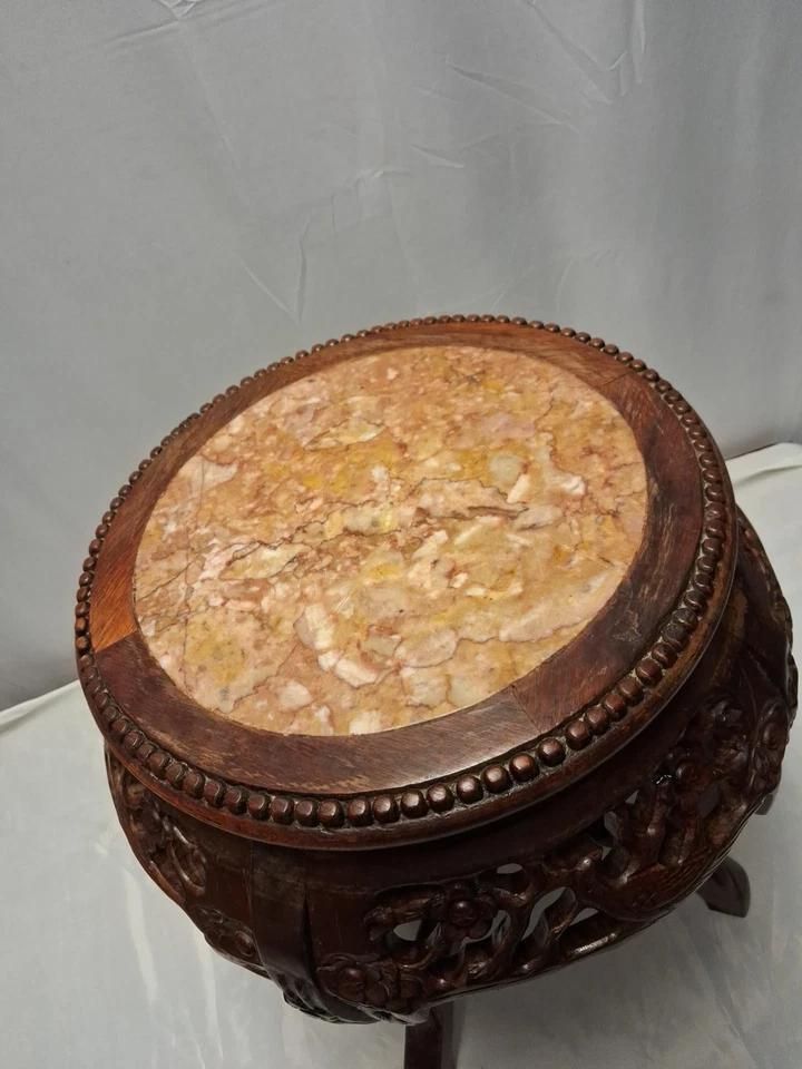 Antique Chinese Hardwood Jardiniere Lamp Table Marble Top With Bird Carvings photo buy