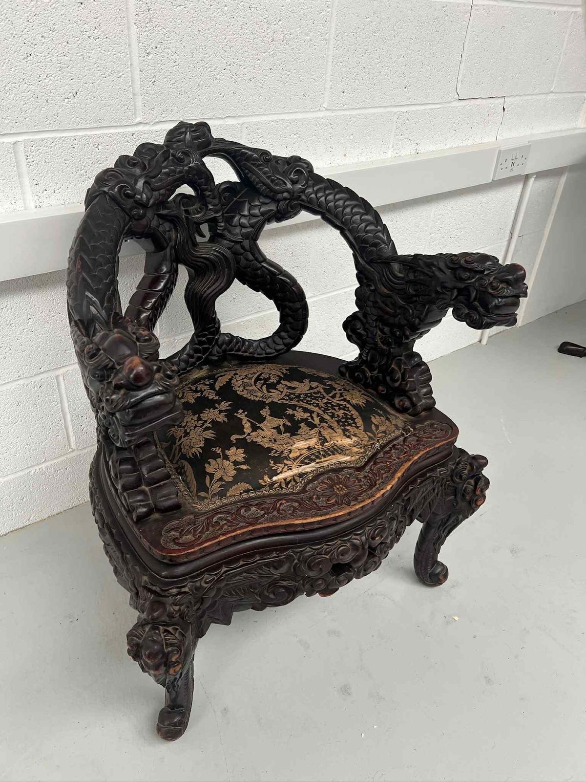 Antique Heavily Carved Dragon Throne photo for sale