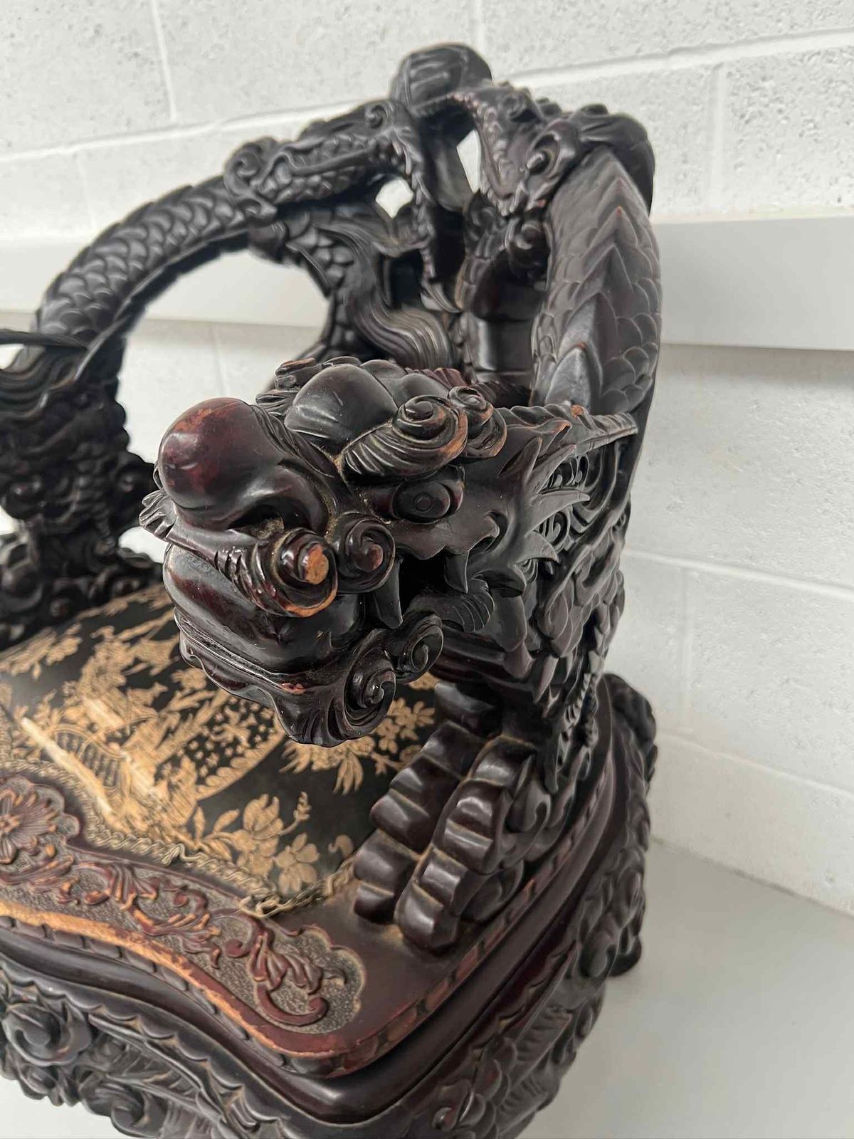 Antique Heavily Carved Dragon Throne photo vintage