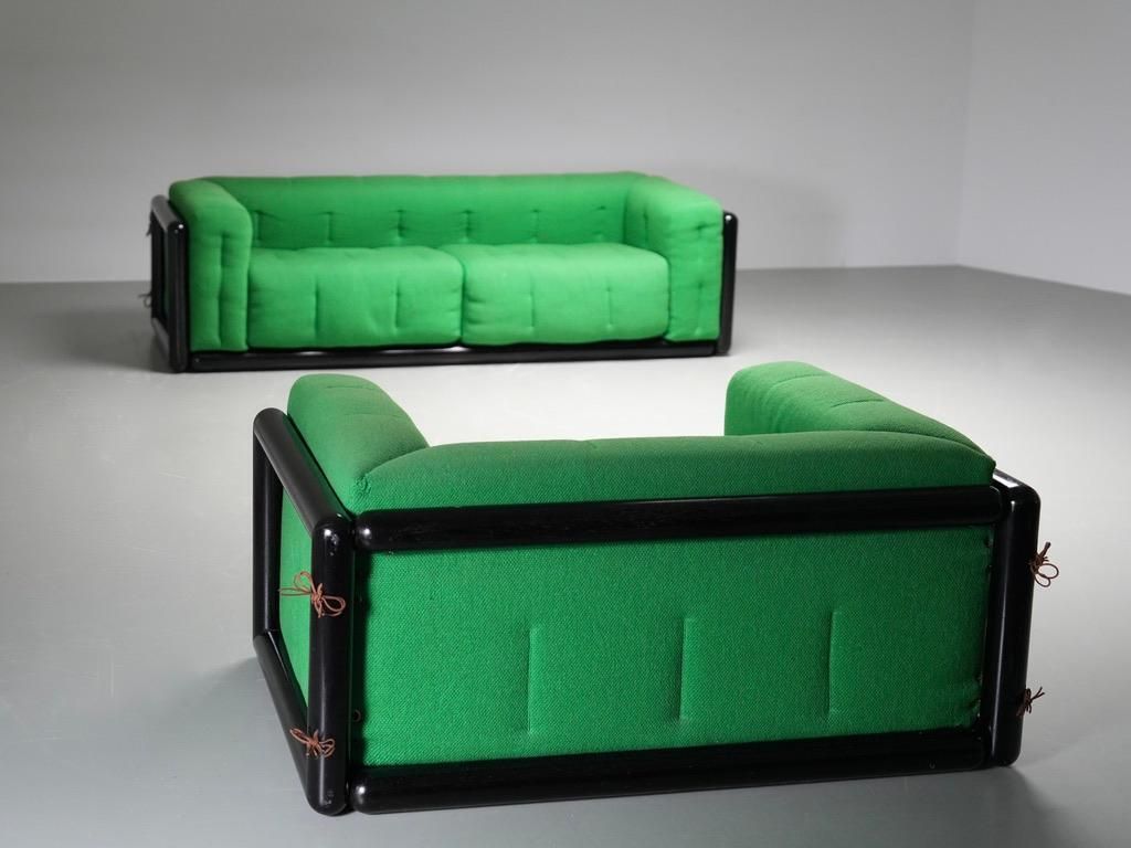 Set Of 2 Carlo Scarpa 'Cornaro' Sofas In Iroko Wood And Fabric, Italy, 1970's photo for sale