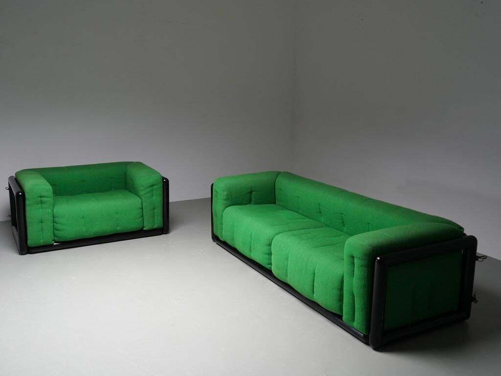 Set Of 2 Carlo Scarpa 'Cornaro' Sofas In Iroko Wood And Fabric, Italy, 1970's photo Furniture