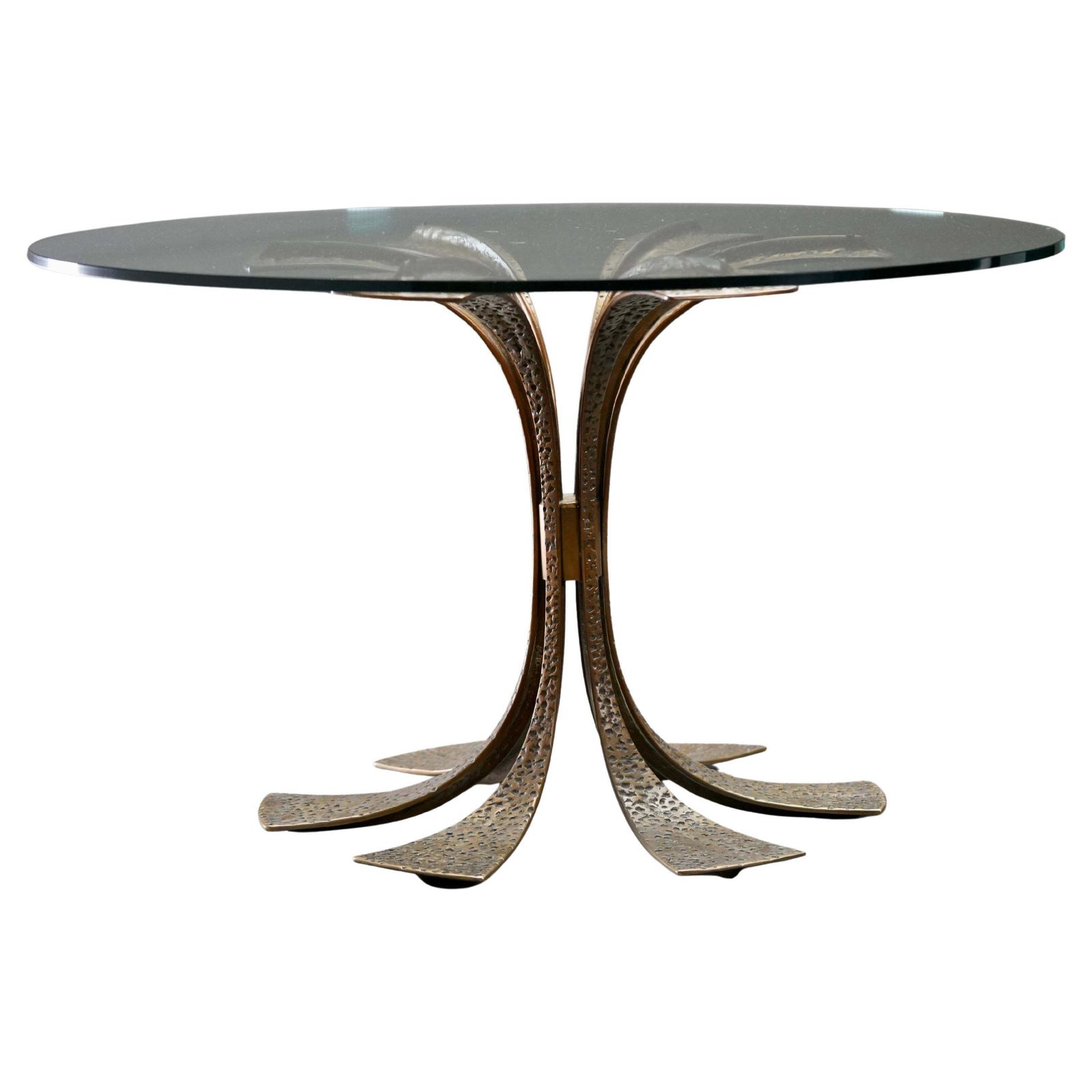 Luciano Frigerio Dining Table In Hammered Brass And Glass, Italy, 1960's