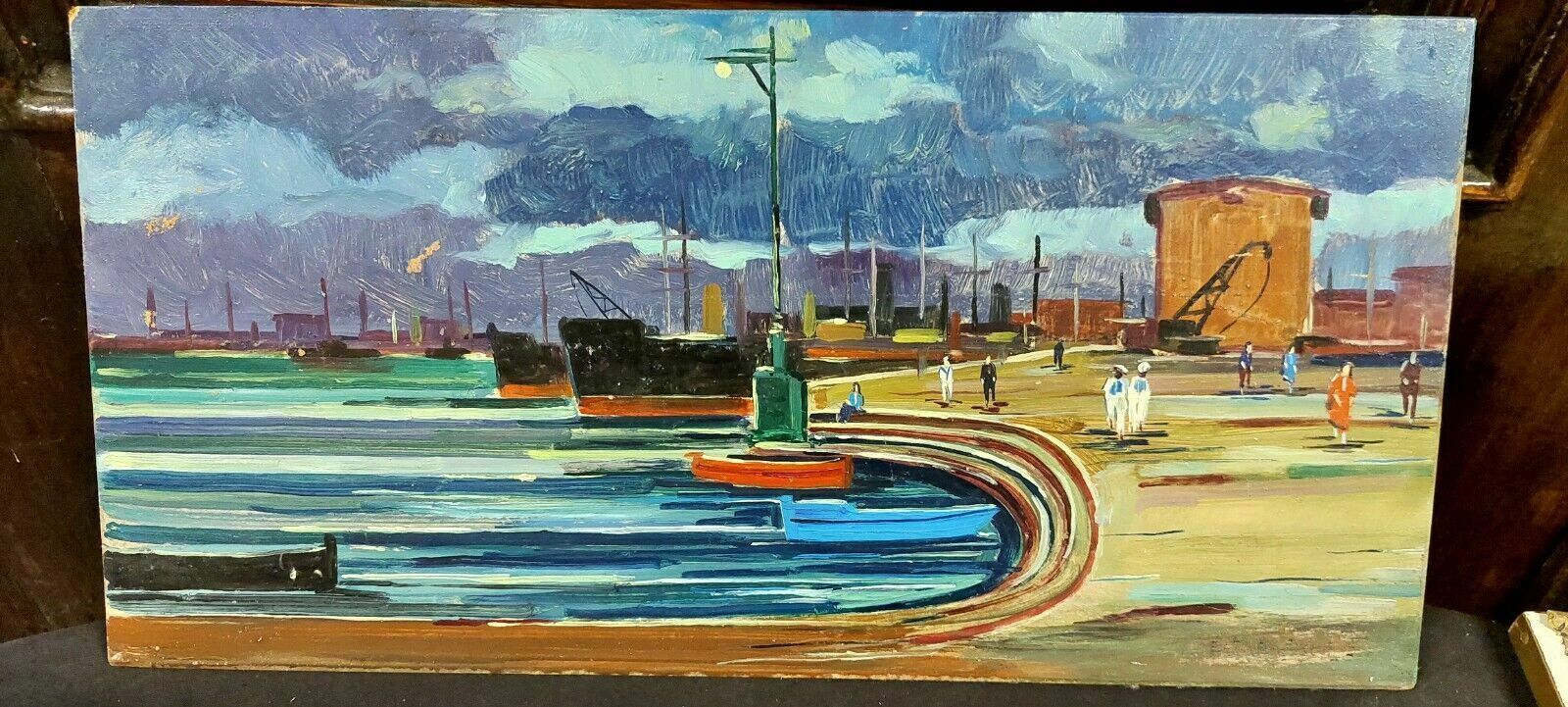 Oil Painting Livorno 1975 Beautiful Boat Port photo buy