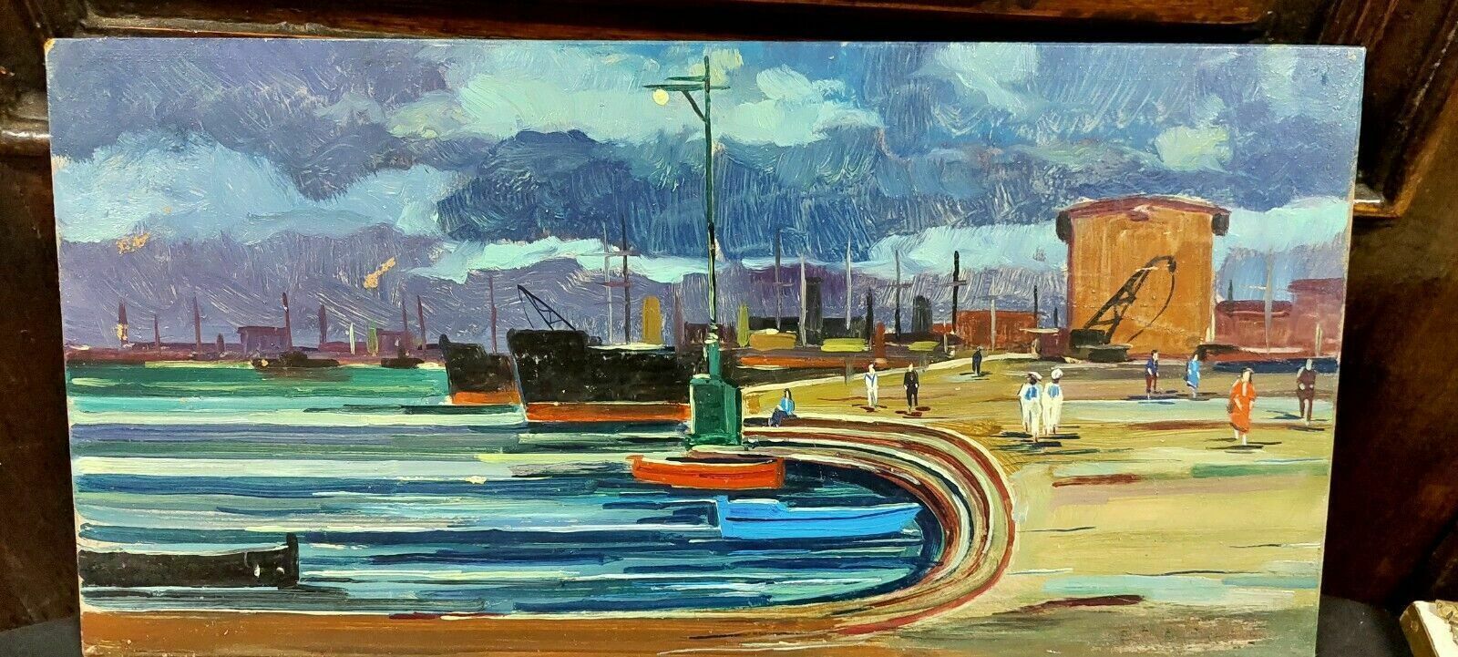 Oil Painting Livorno 1975 Beautiful Boat Port photo vintage