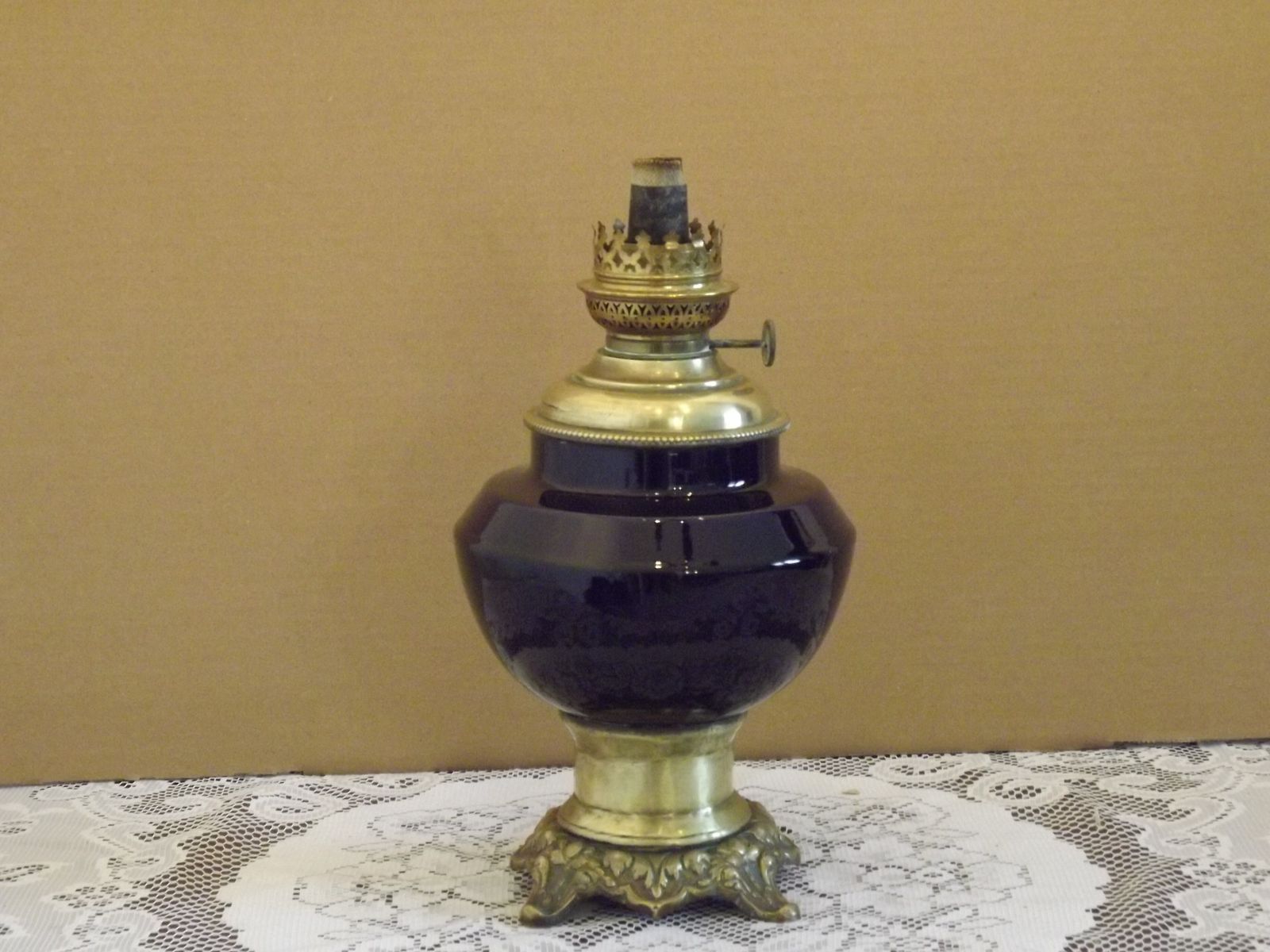 Antique French Kerosene Lamp Base W+W Kosmos Burner Cobalt Blue Ceramic & Brass Ornate Leaf Footed Oil Lamp photo vinterior