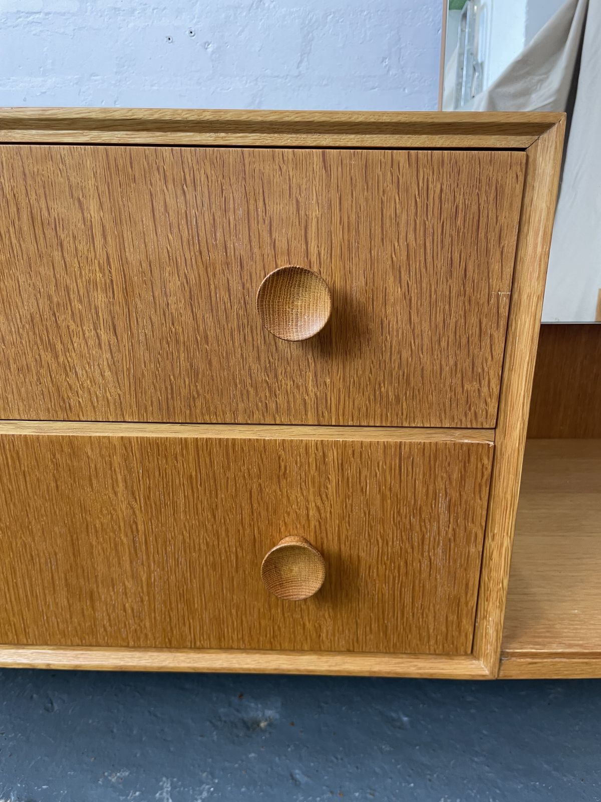 Mid Century Oak Dressing Table By Meredew | Vintage British Vanity / Desk | 1960s Furniture photo for sale