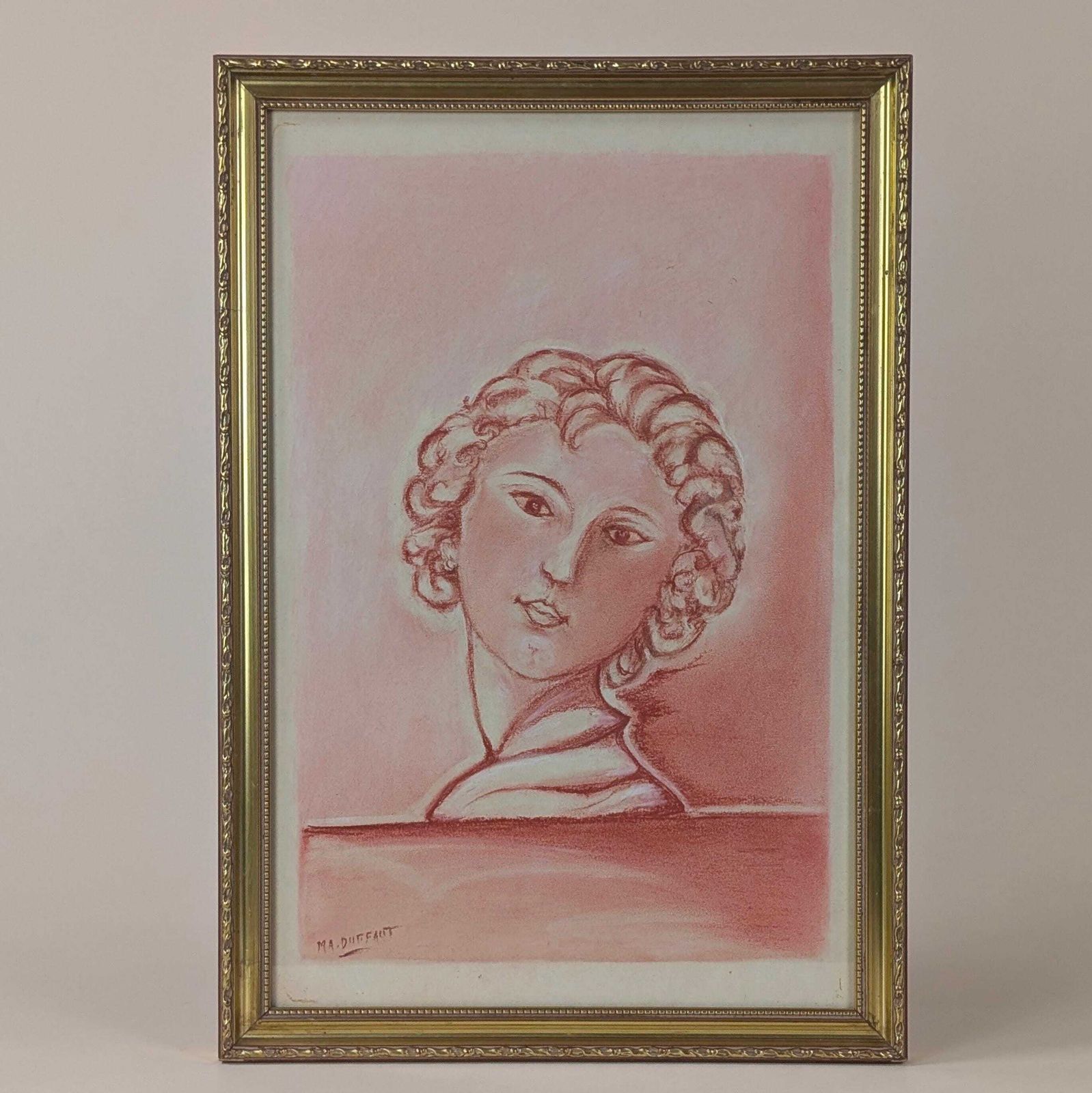 photo furniture Original Block Print Portrait: Mid Century Sanguine Art, Hand Pulled Figurative Engraving In Gilt Frame Signed Duffaut