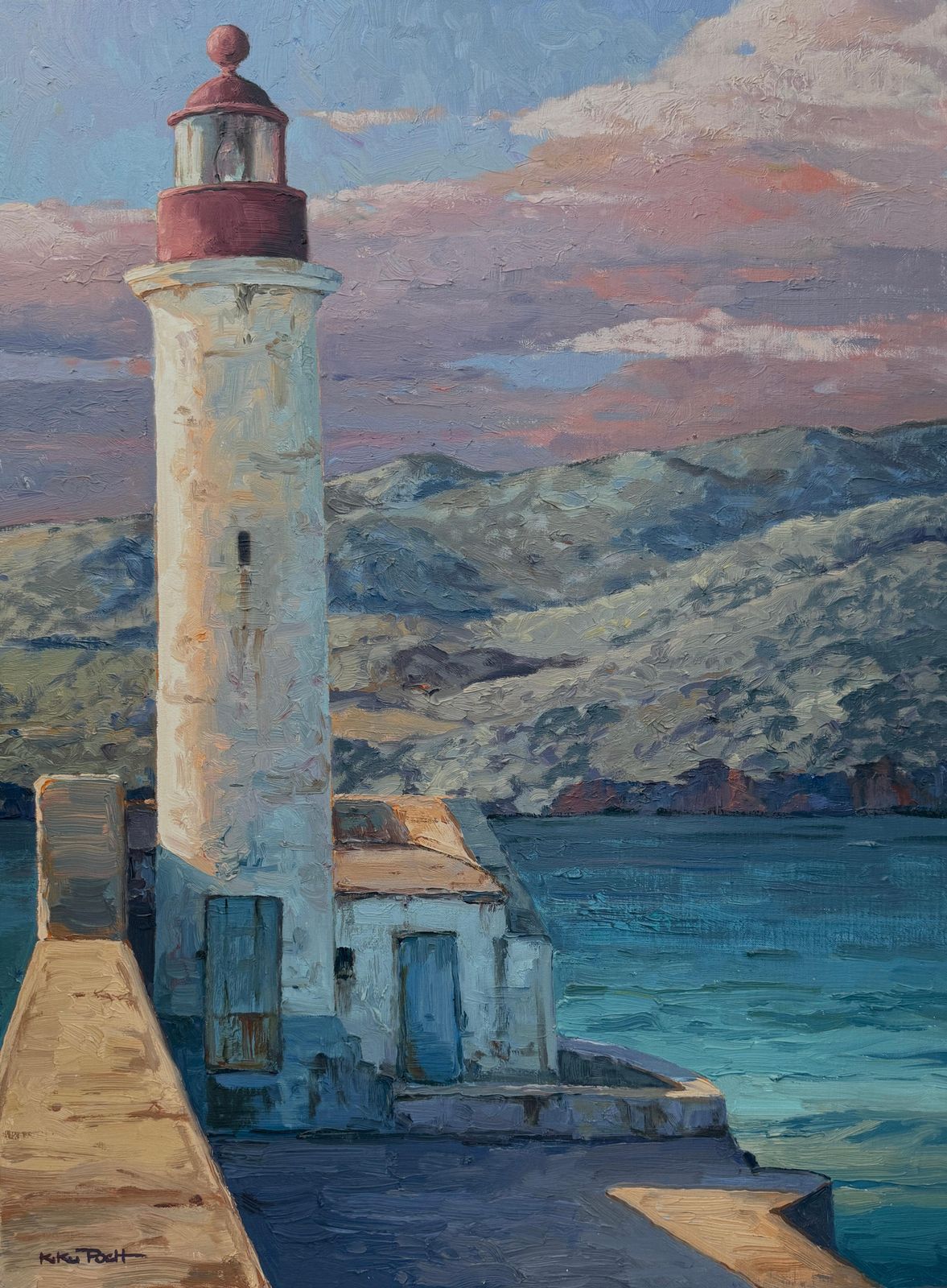 Kiku Poch Mediterranean Lighthouse Oil On Canvas Painting Art Seascape C.2000