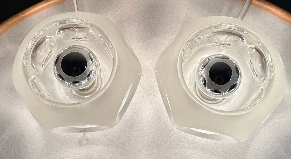 Pair Of 1970s German Peill & Putzler Frosted & Clear Concave Glass Round Table Lamps photo Lighting