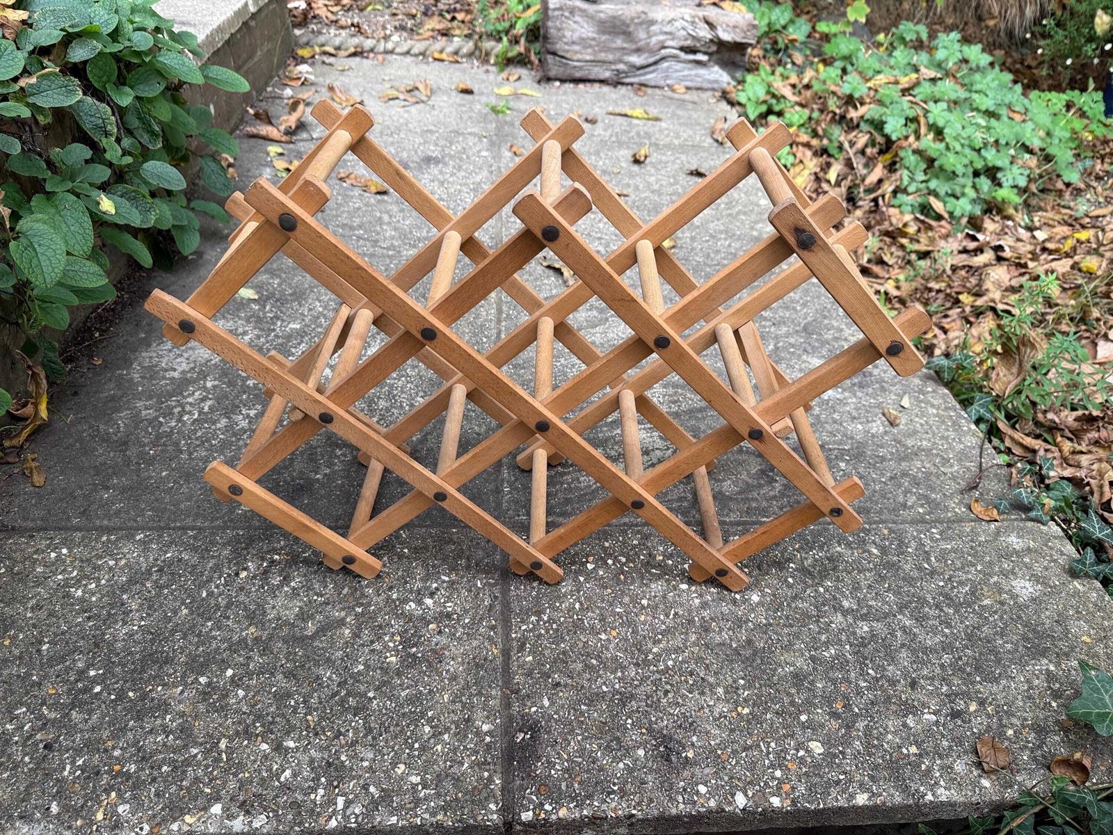 Vintage Folding Wooden Wine Rack Mid Century Expandable Bottle Holder, Retro Scandi Home Bar Decor, Retro Wine Rack photo for sale