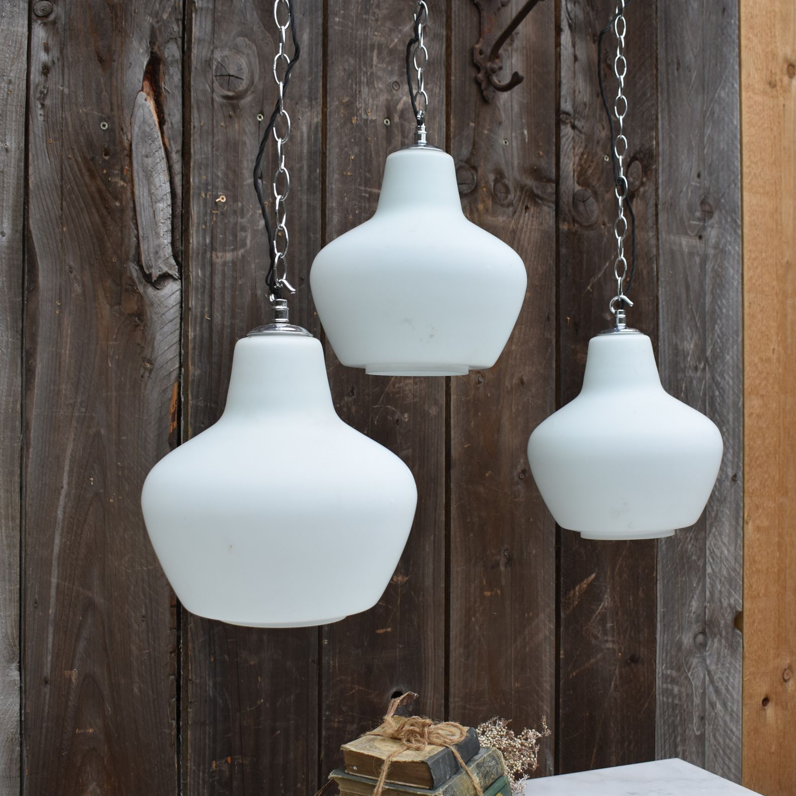 Antique Early 20th Century Three Opaline Glass Chapel Church Pendant Light photo vinterior