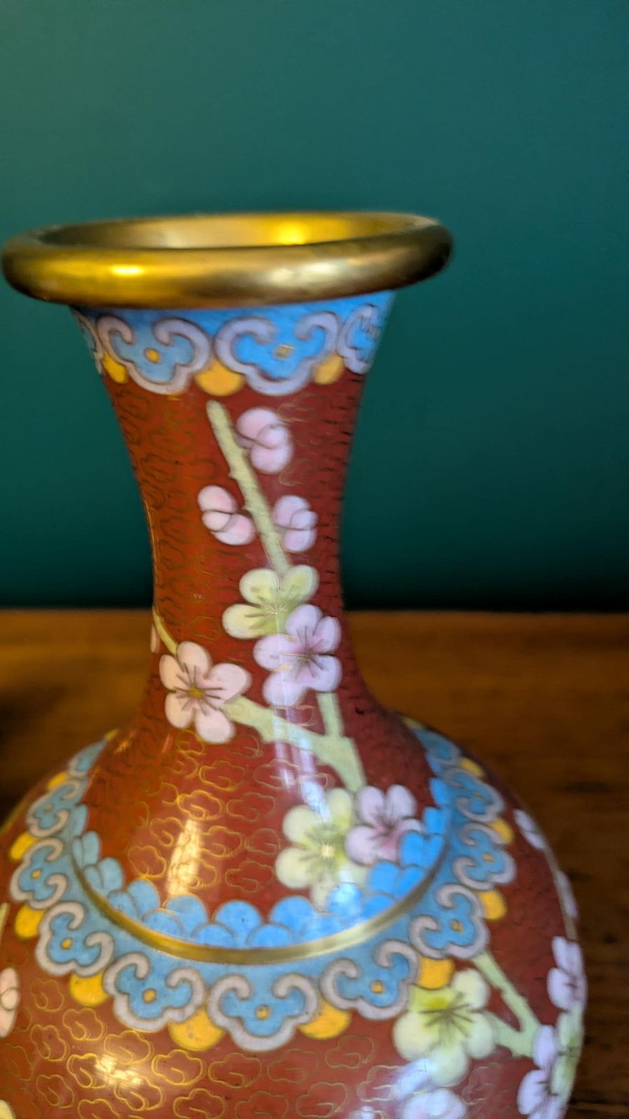 Pair Of Vintage Chinese Cloisonné Vases With Brass Edging – Red And Blue Enamel Floral And Bird Design photo buy