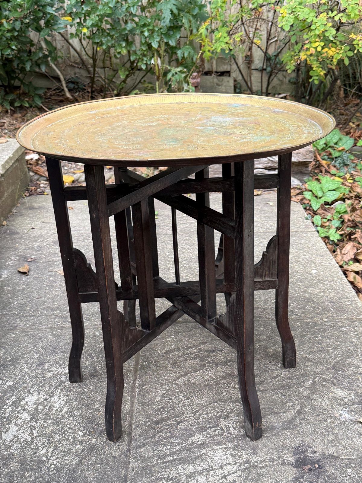 Antique 1920s Folding Brass Tray Table | Hand Etched Middle Eastern Table, Carved Hardwood Base, Moorish Style, Plant Stand, Plant Table photo furniture
