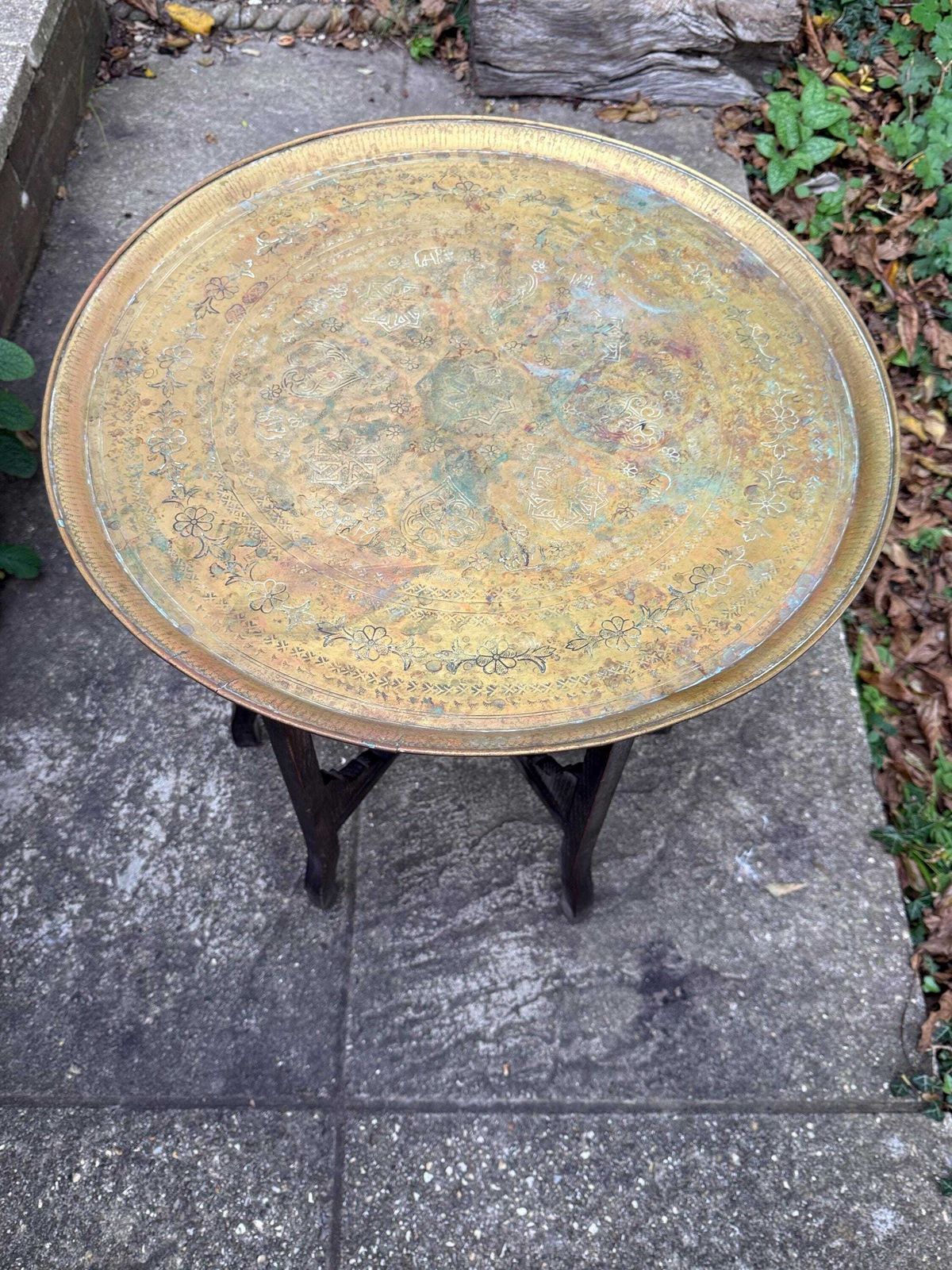 Antique 1920s Folding Brass Tray Table | Hand Etched Middle Eastern Table, Carved Hardwood Base, Moorish Style, Plant Stand, Plant Table photo buy