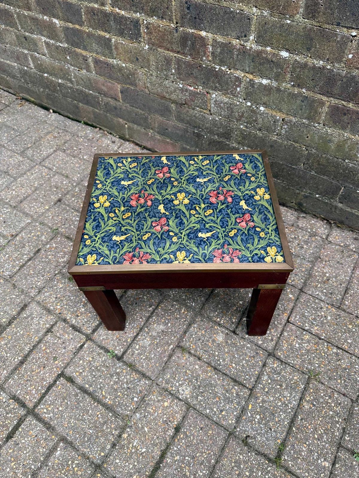 Vintage Hardwood & Brass Side Table With William Morris Floral Under Glass – Retro Accent Table Or Plant Stand / Plant Table photo for sale