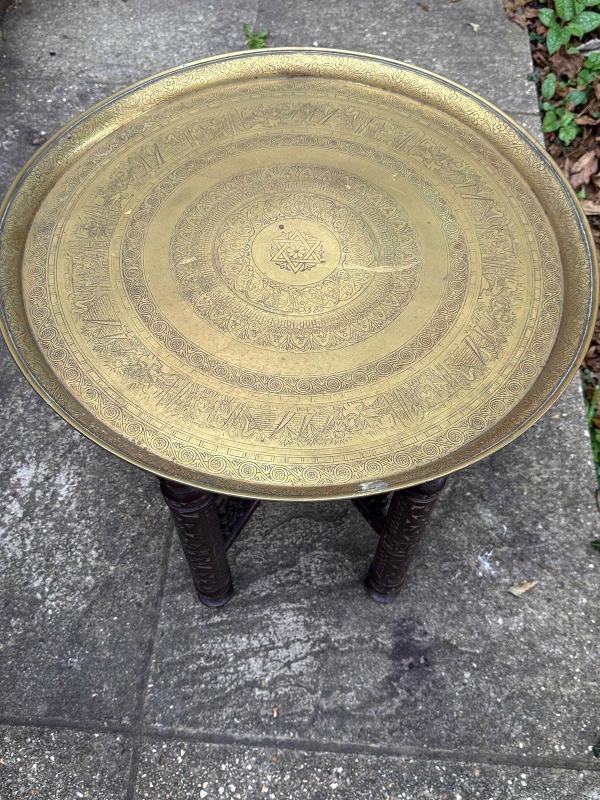 Antique Anglo Indian Brass Tray Table, Benares Table, Hand Carved Moorish Base, Folding Hardwood Stand, Etched Brass photo Furniture