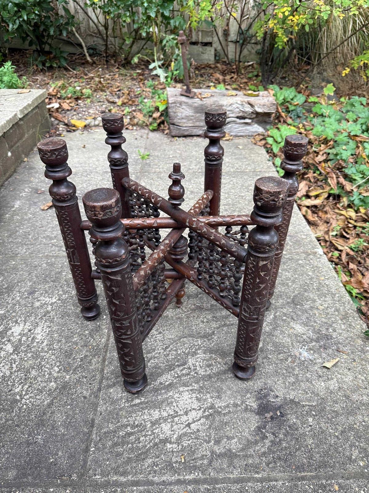Antique Anglo Indian Brass Tray Table, Benares Table, Hand Carved Moorish Base, Folding Hardwood Stand, Etched Brass photo vintage