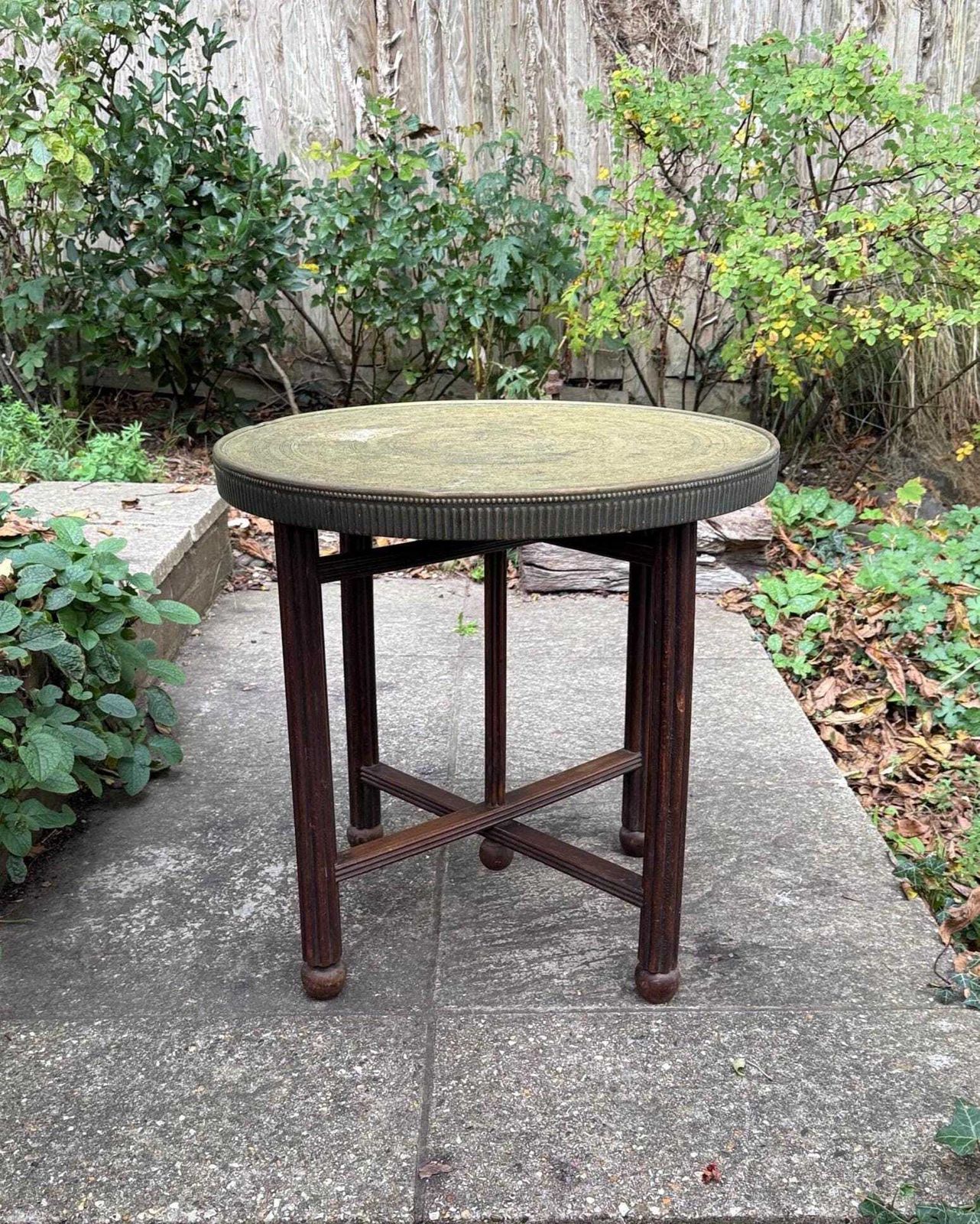 Antique 1920s Anglo Indian Brass Tray Table | Carved Hardwood Base, Folding Stand, Hand Etched Moroccan Style, Benares 1900s Folding Table