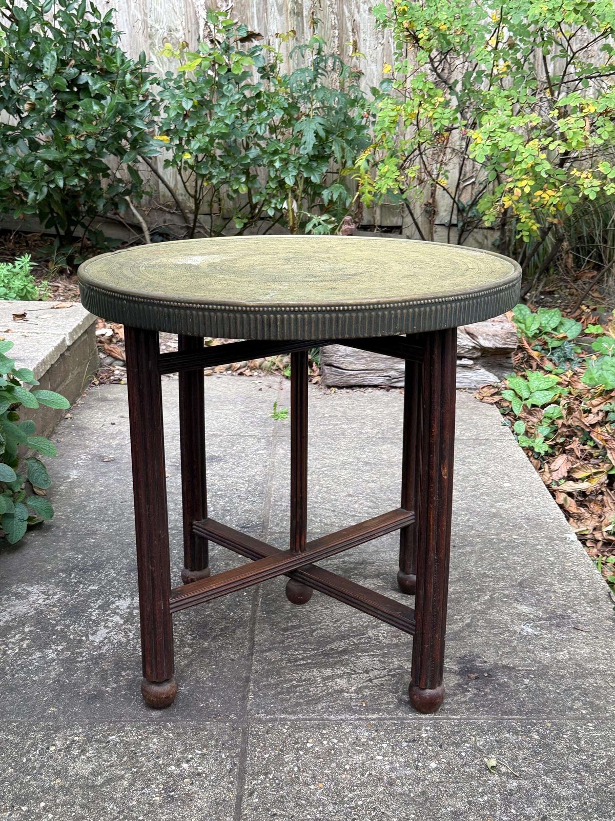 Antique 1920s Anglo Indian Brass Tray Table | Carved Hardwood Base, Folding Stand, Hand Etched Moroccan Style, Benares 1900s Folding Table photo furniture