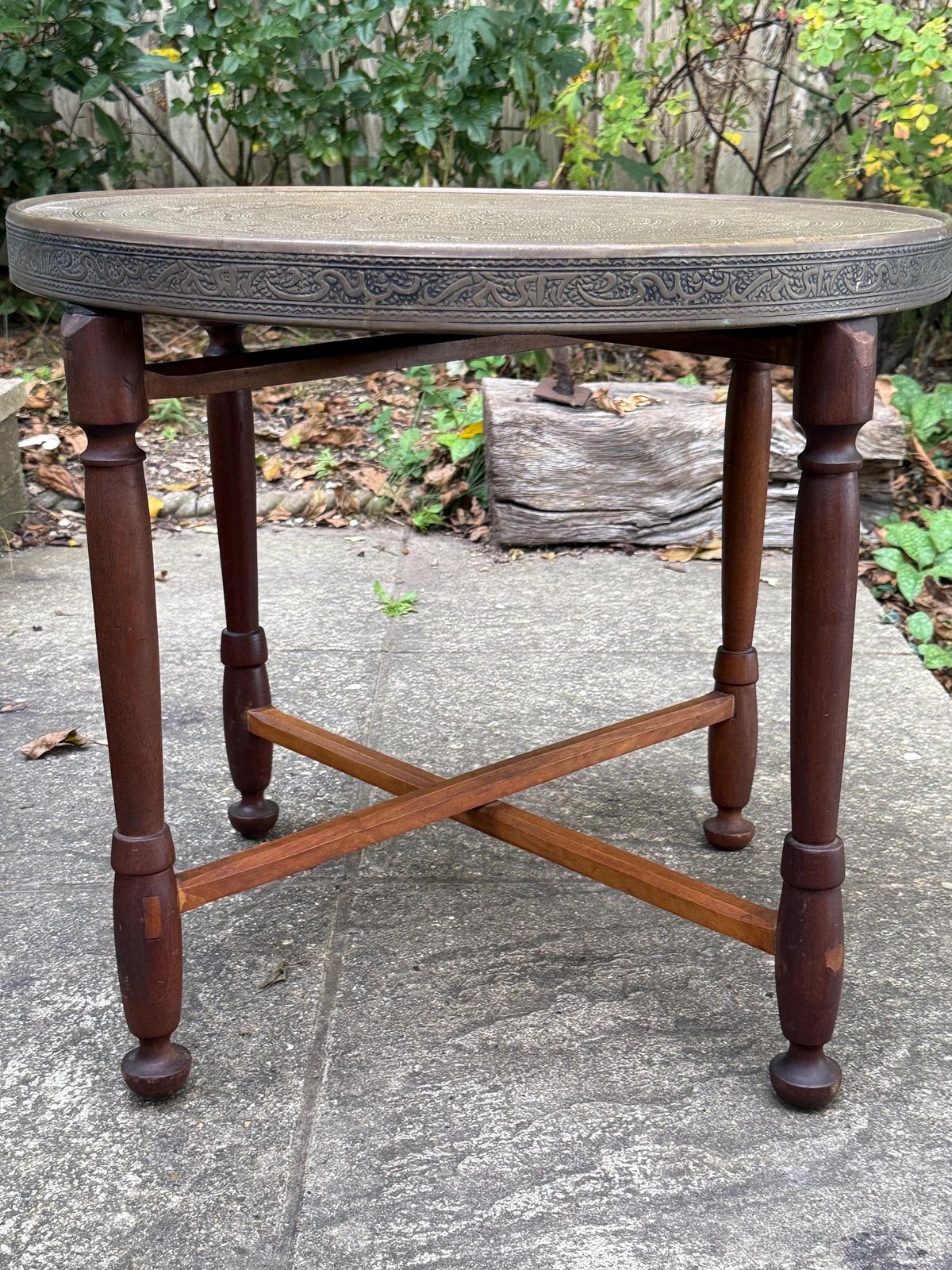 Antique Early/Mid 1900s Anglo Indian Brass Tray Table, Benares Table, Hand Etched Brass Tabletop, Turned Wooden Base, Folding Cross Leg photo for sale