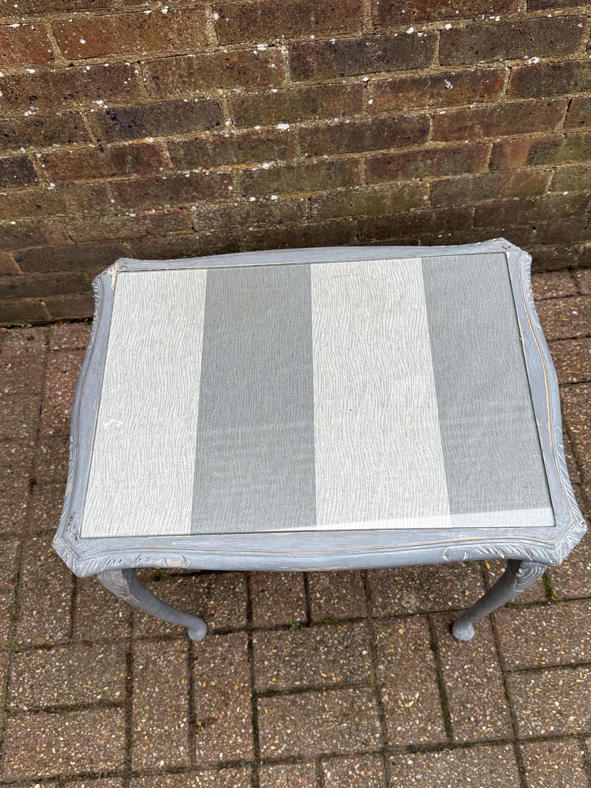 Upcycled Vintage Side Table In Shabby Chic Grey Finish, Glass Top And Changeable Insert Paper; Refurbished Side Table, Vintage Coffee Table photo 125.0