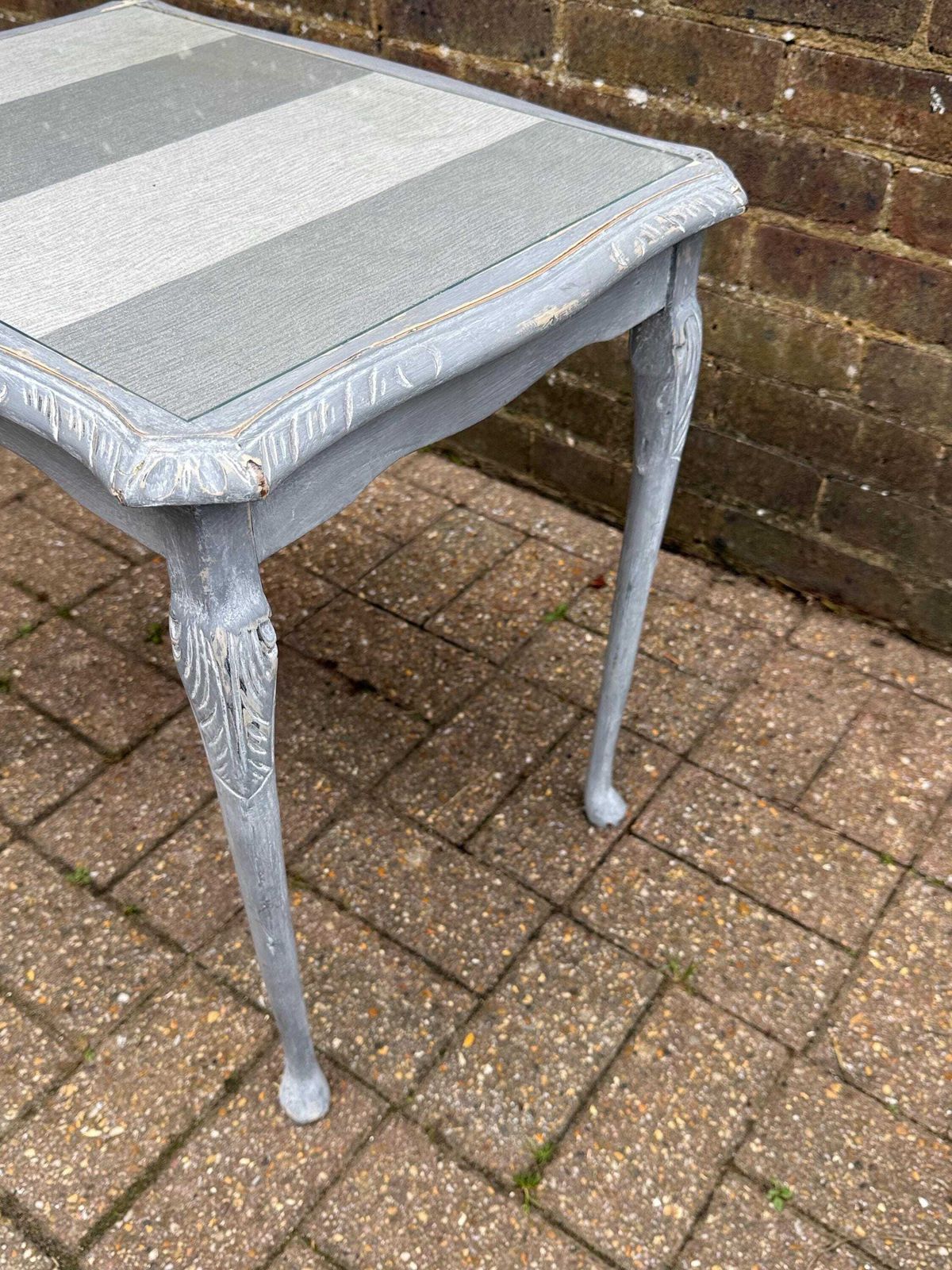 Furniture Upcycled Vintage Side Table In Shabby Chic Grey Finish, Glass Top And Changeable Insert Paper; Refurbished Side Table, Vintage Coffee Table photo