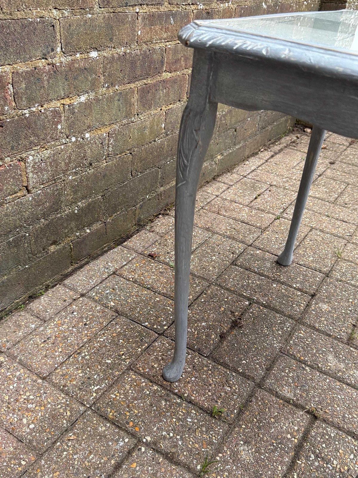 photo buy Upcycled Vintage Side Table In Shabby Chic Grey Finish, Glass Top And Changeable Insert Paper; Refurbished Side Table, Vintage Coffee Table