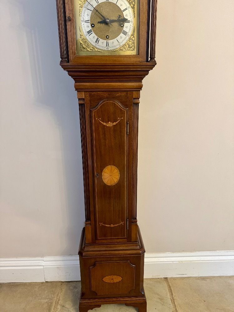 Fantastic Quality Edwardian Mahogany Inlaid Chiming Grandmother Clock photo vintage