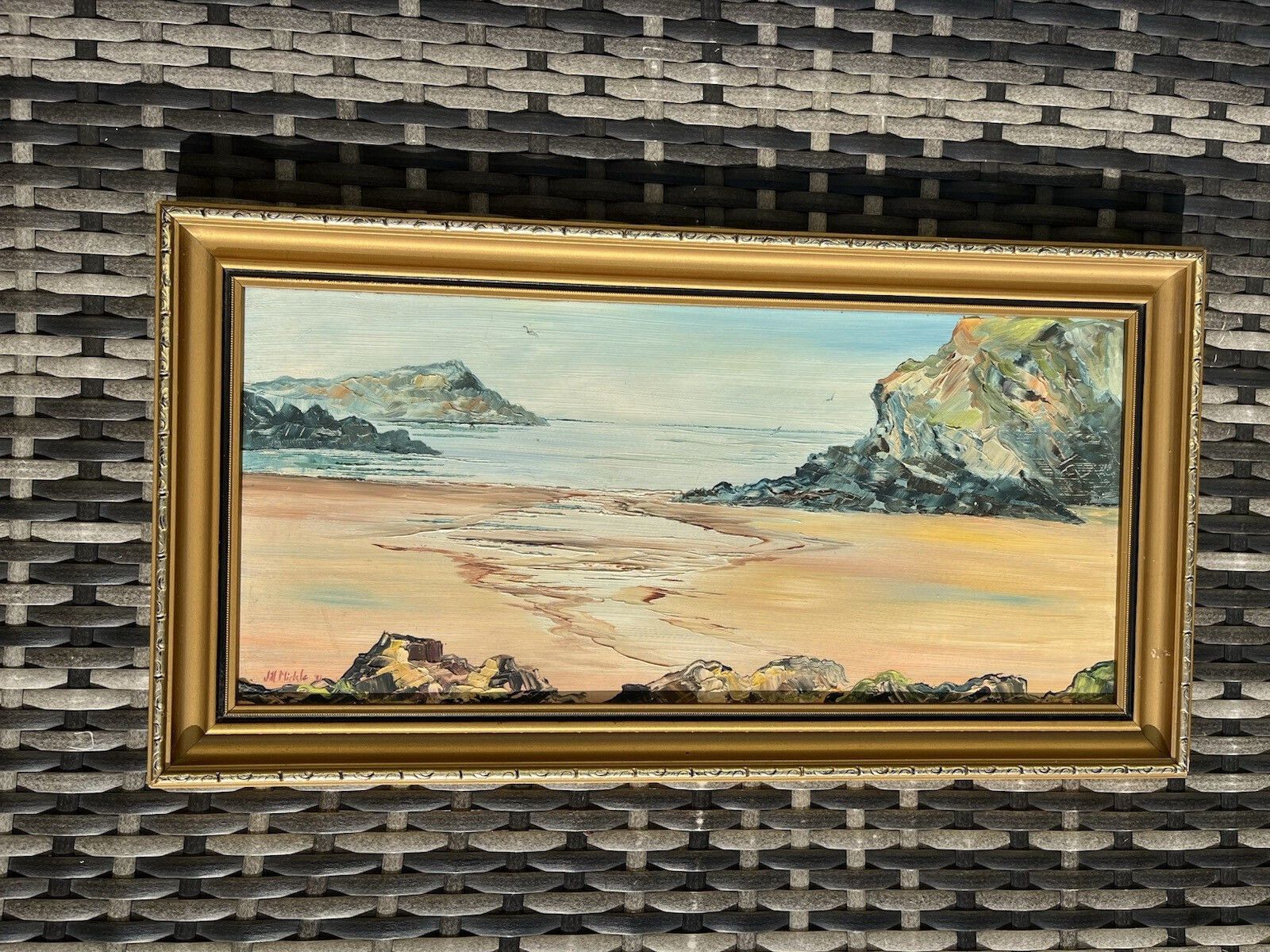 Original Jill Mickle Framed Oil Painting Traeth Bach Cemaes Bay Anglesey Coast photo vintage