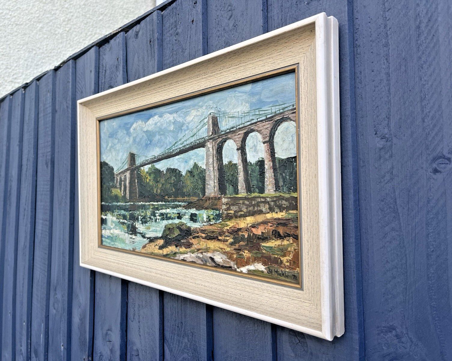 Superb Jill Mickle Framed Oil Painting Menai Straits Suspension Bridge Anglesey photo vintage