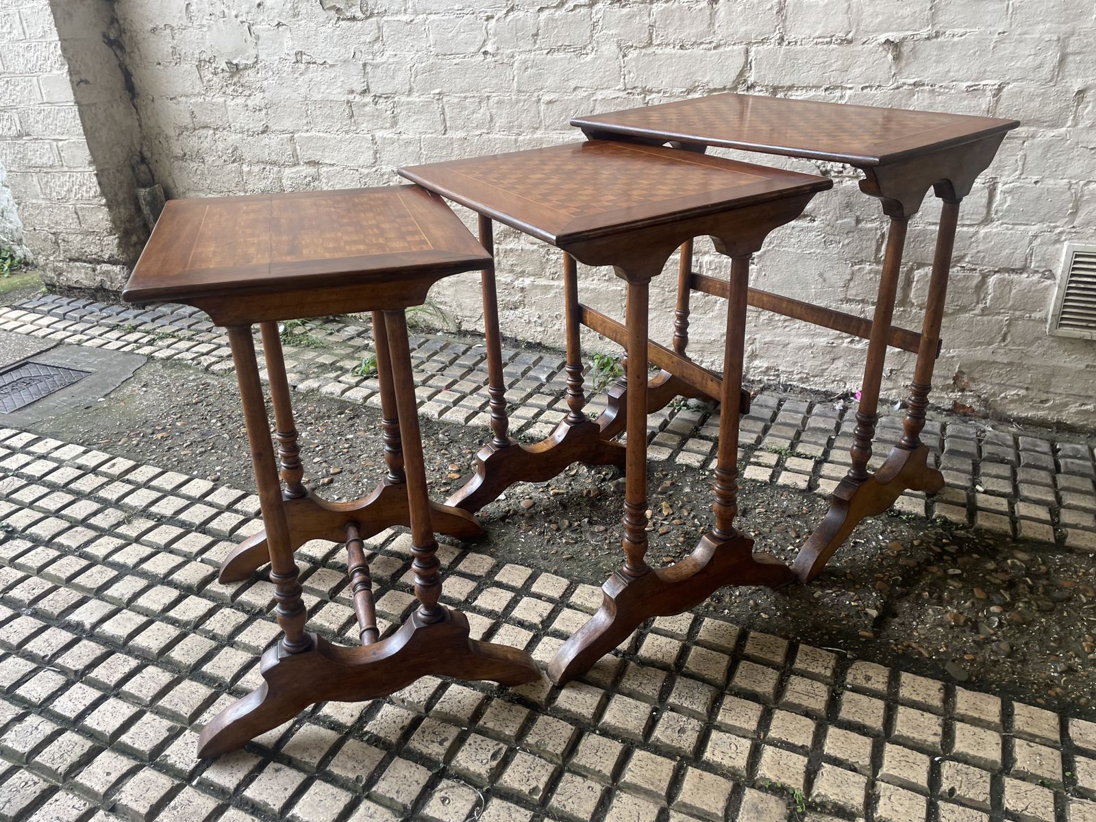 Antique Nest Of 3 Mahogany Tables With Chequered Parquetry Detailing photo Furniture