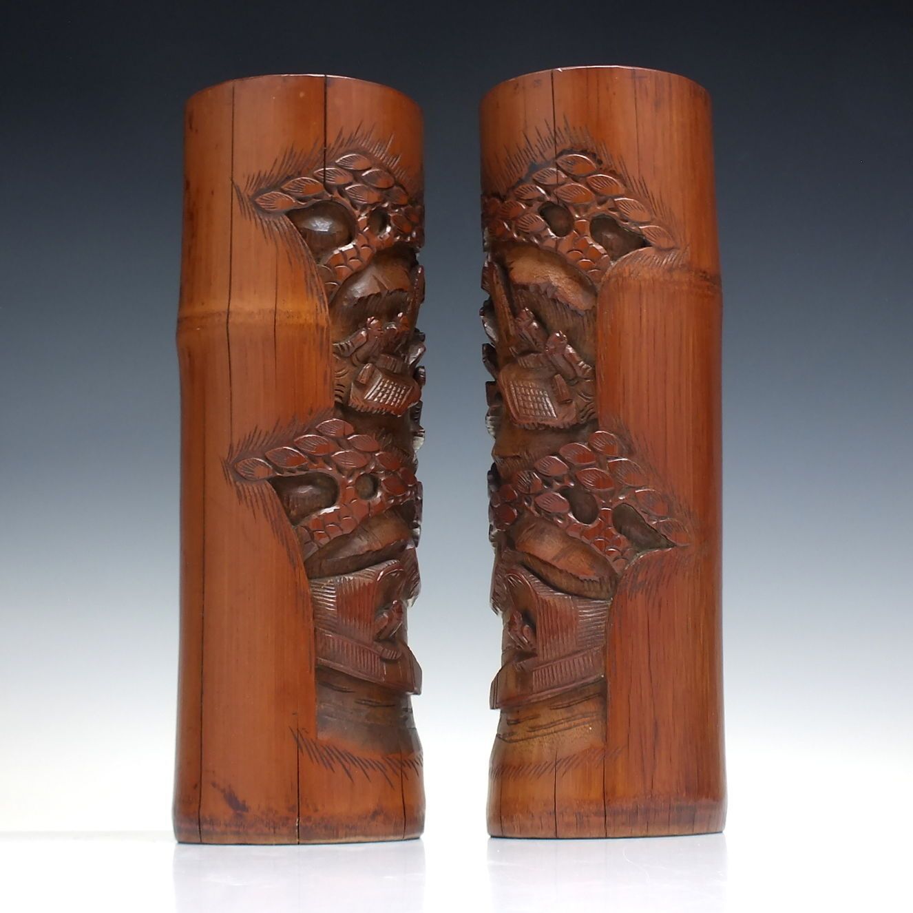 Pair Of Antique Chinese Hand Carved Bamboo Brush Pots Or Vases C1900 photo furniture