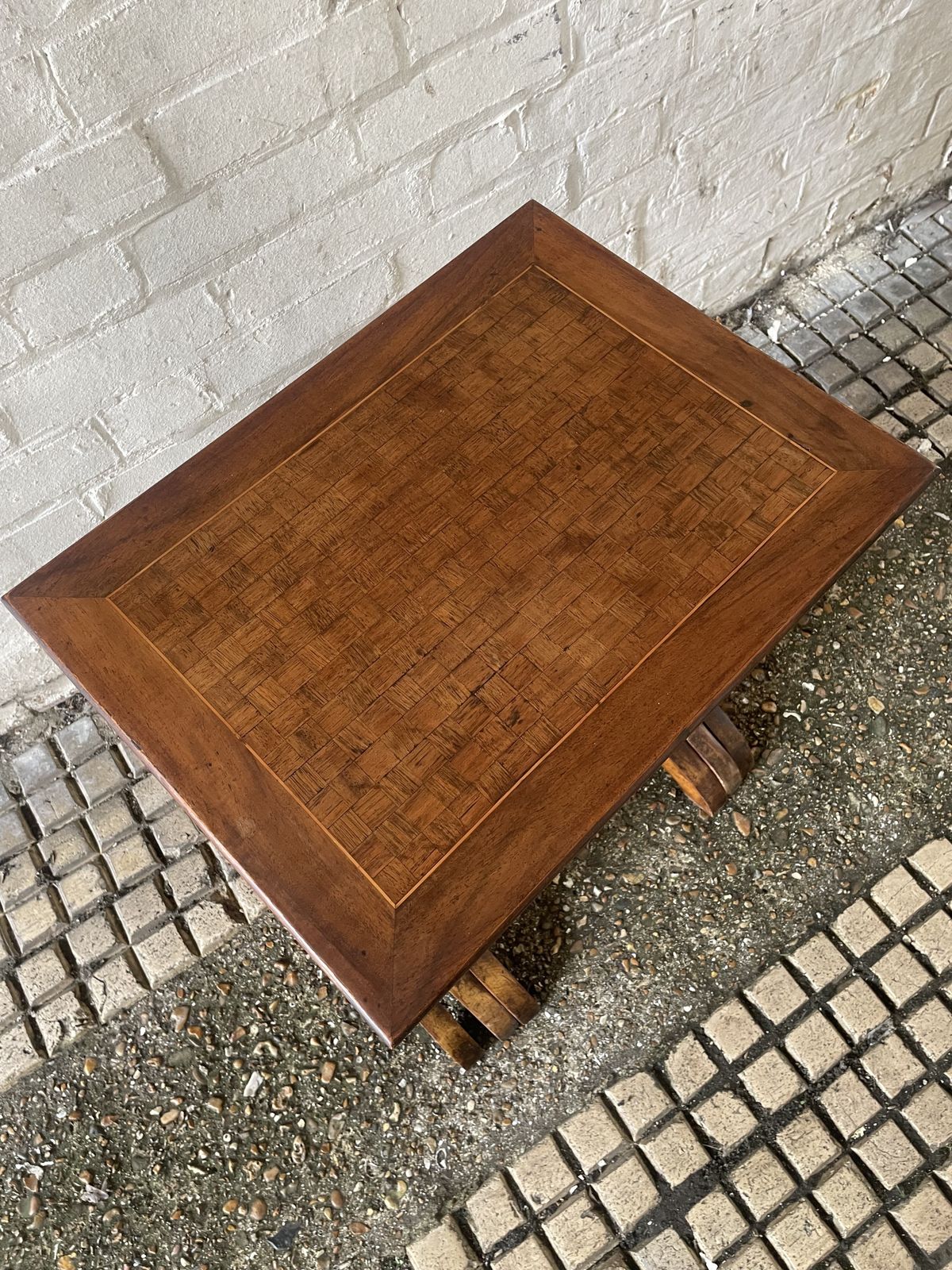 Furniture Antique Nest Of 3 Mahogany Tables With Chequered Parquetry Detailing photo