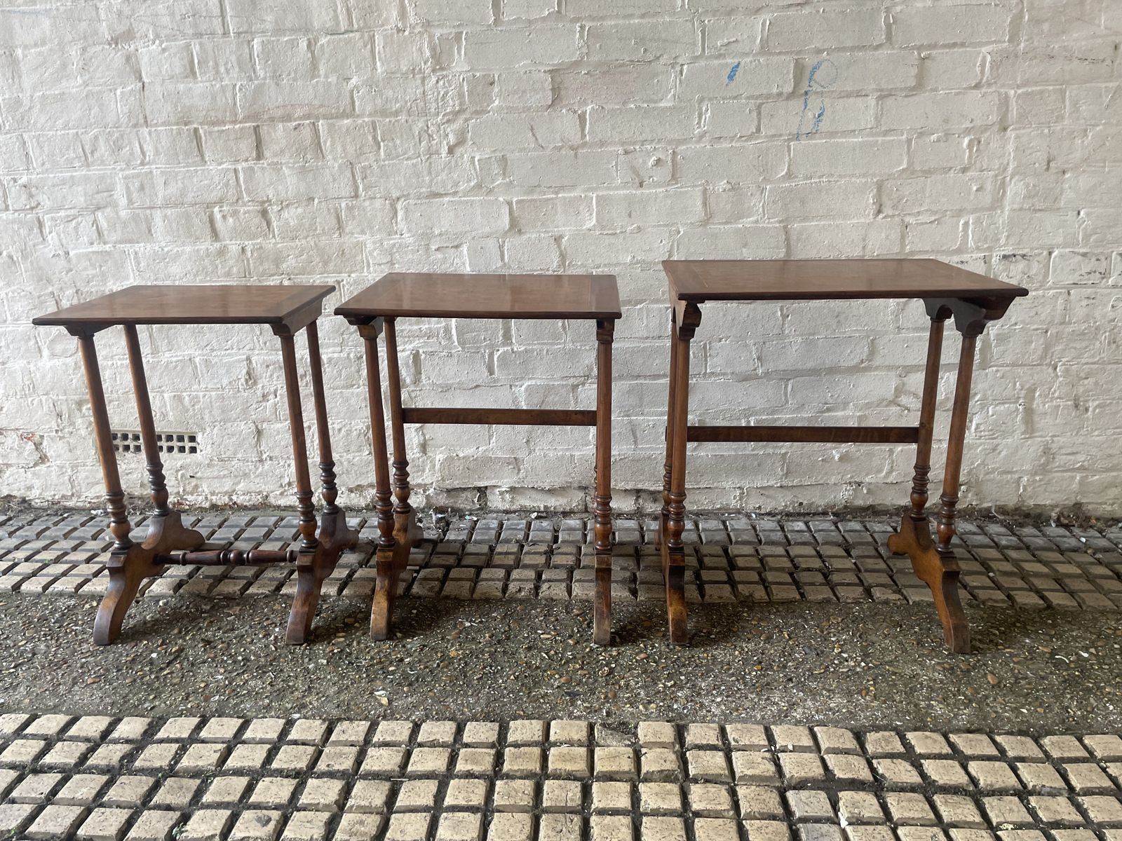 395.0 Antique Nest Of 3 Mahogany Tables With Chequered Parquetry Detailing photo
