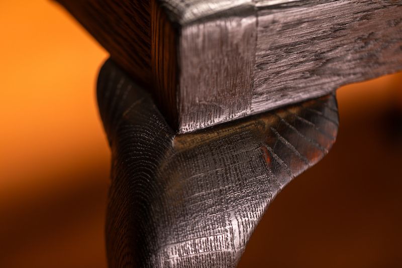 photo for sale Pinscher Bench – Handcrafted From Queen Anne Chairs With Shou Sugi Ban Finish And Velvet Upholstery.