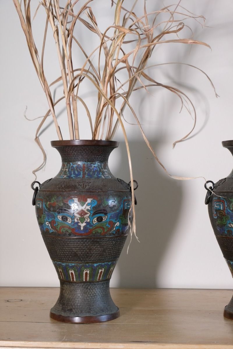Pair Of Chinese Enamel Bronze Vases With Dragons And Ring Handles photo Home Decor