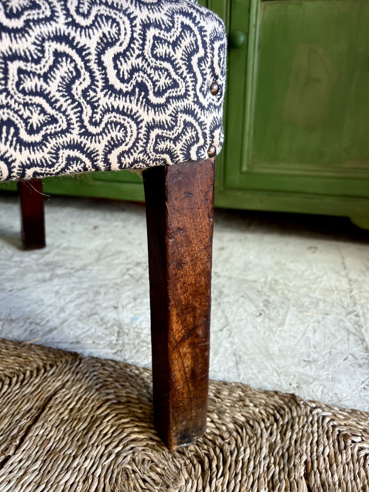 Large Georgian Wingback Armchair, Traditionally Reupholstered In Squiggle/Seaweed Dark Blue & Natural Linwood Fabric. photo for sale