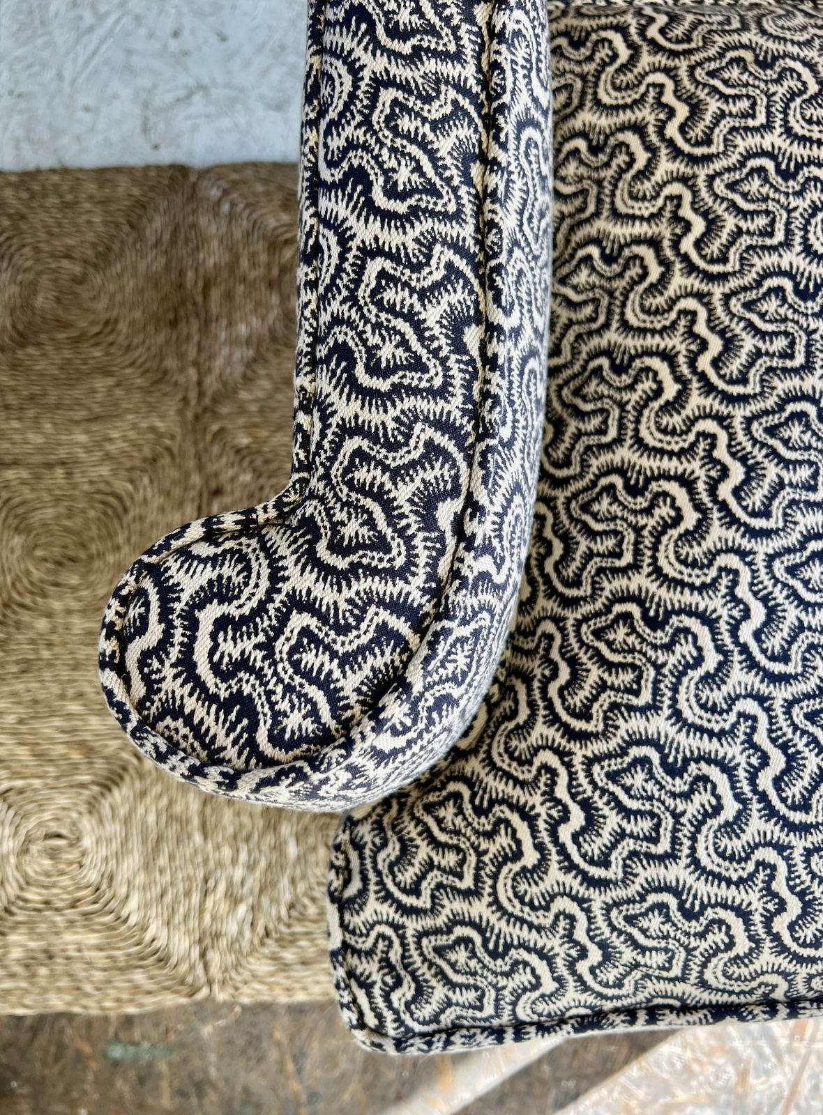 Furniture Large Georgian Wingback Armchair, Traditionally Reupholstered In Squiggle/Seaweed Dark Blue & Natural Linwood Fabric. photo