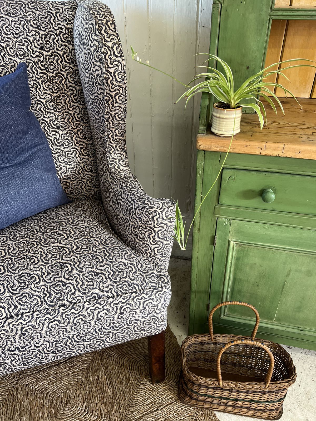 photo vinterior Large Georgian Wingback Armchair, Traditionally Reupholstered In Squiggle/Seaweed Dark Blue & Natural Linwood Fabric.