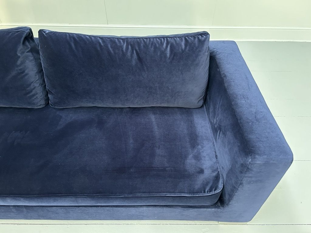 photo buy Ligne Roset “Rive Gauche” 3 Seat Sofa & Ottoman – In Midnight Blue Velvet