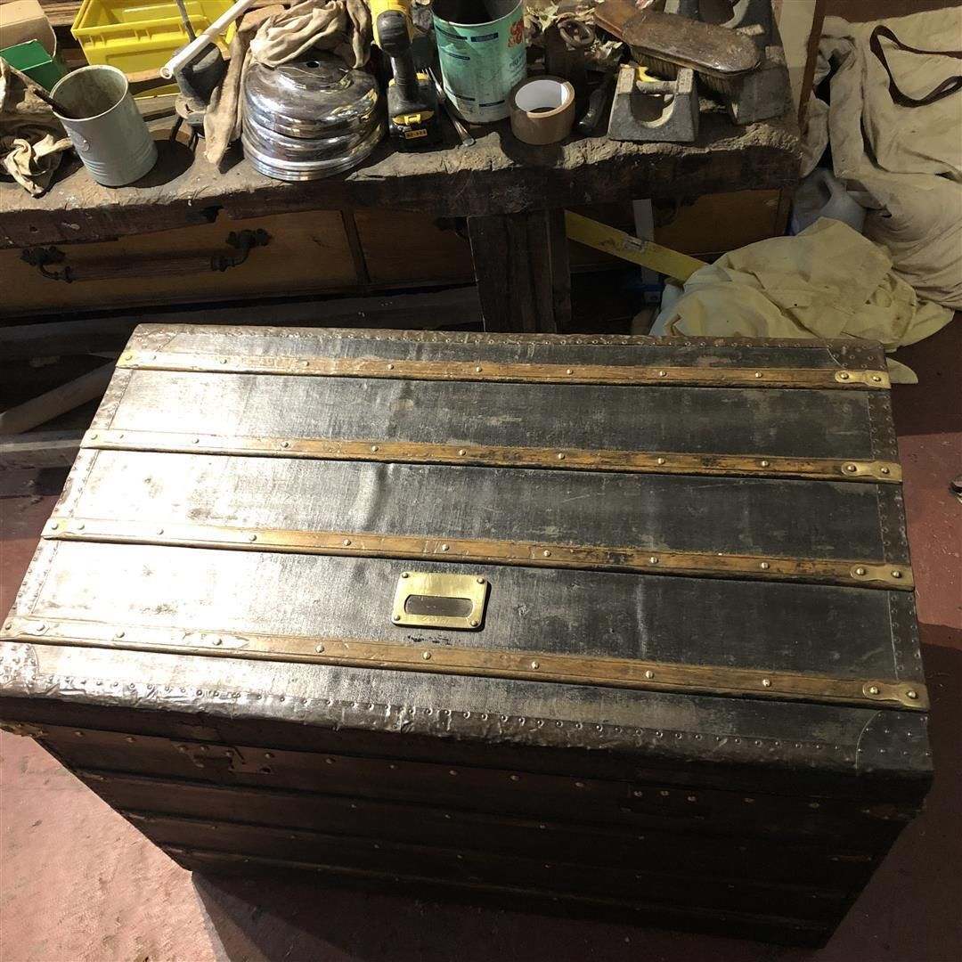 Large Antique French Steamer Trunk Black Canvas And Wood 1910s photo vintage