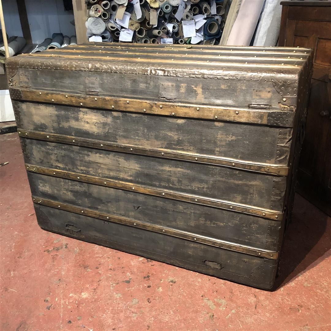 Furniture Large Antique French Steamer Trunk Black Canvas And Wood 1910s photo