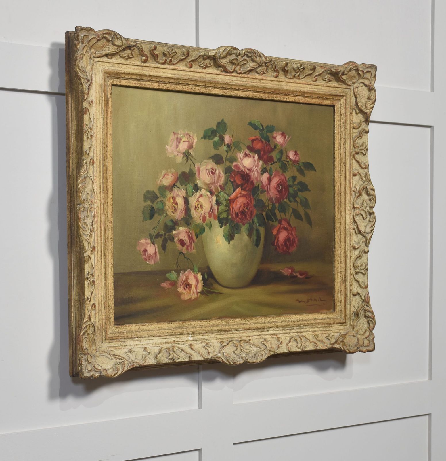 Still Life Oil On Canvas Roses In Vase Painting photo for sale