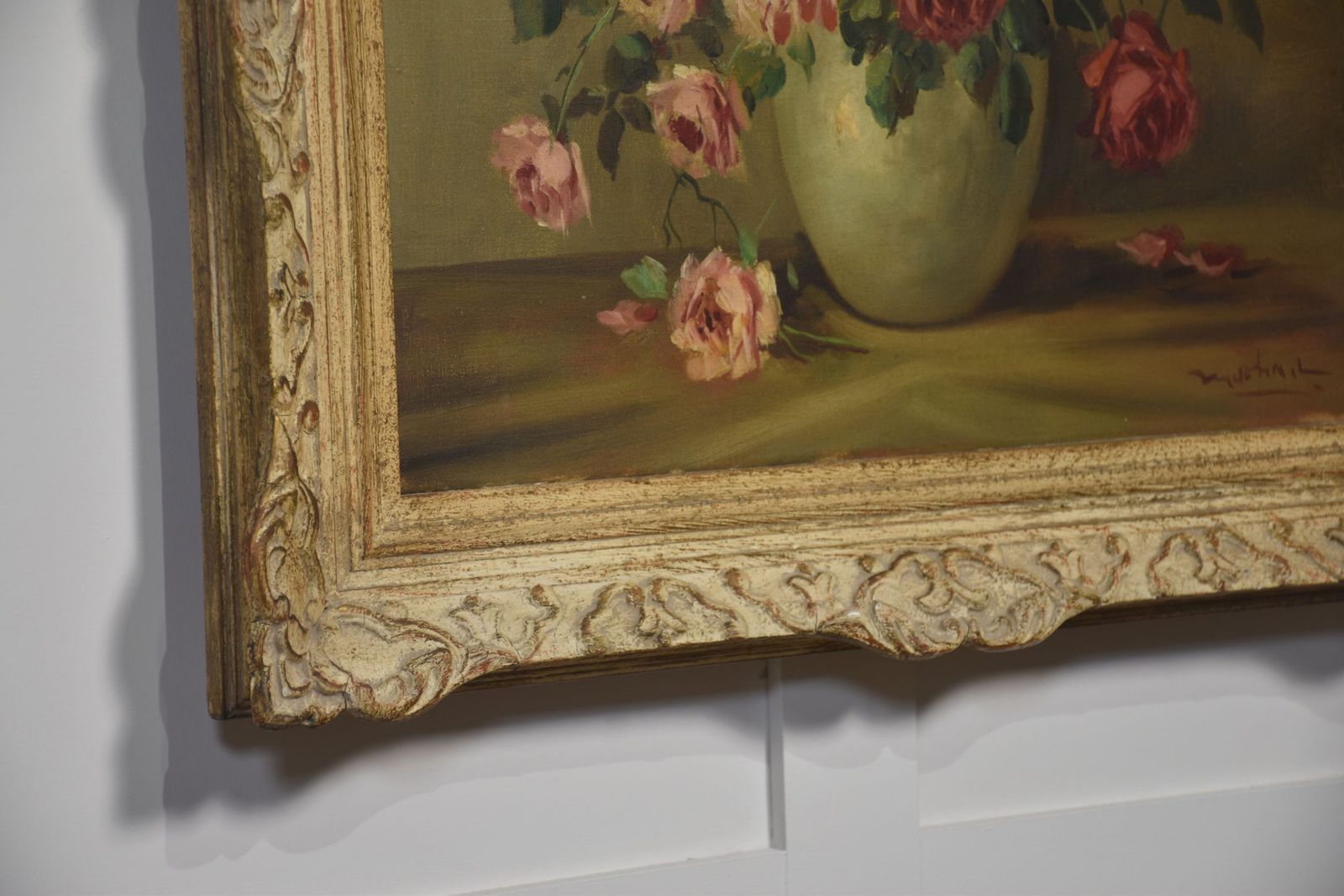 Still Life Oil On Canvas Roses In Vase Painting photo Art