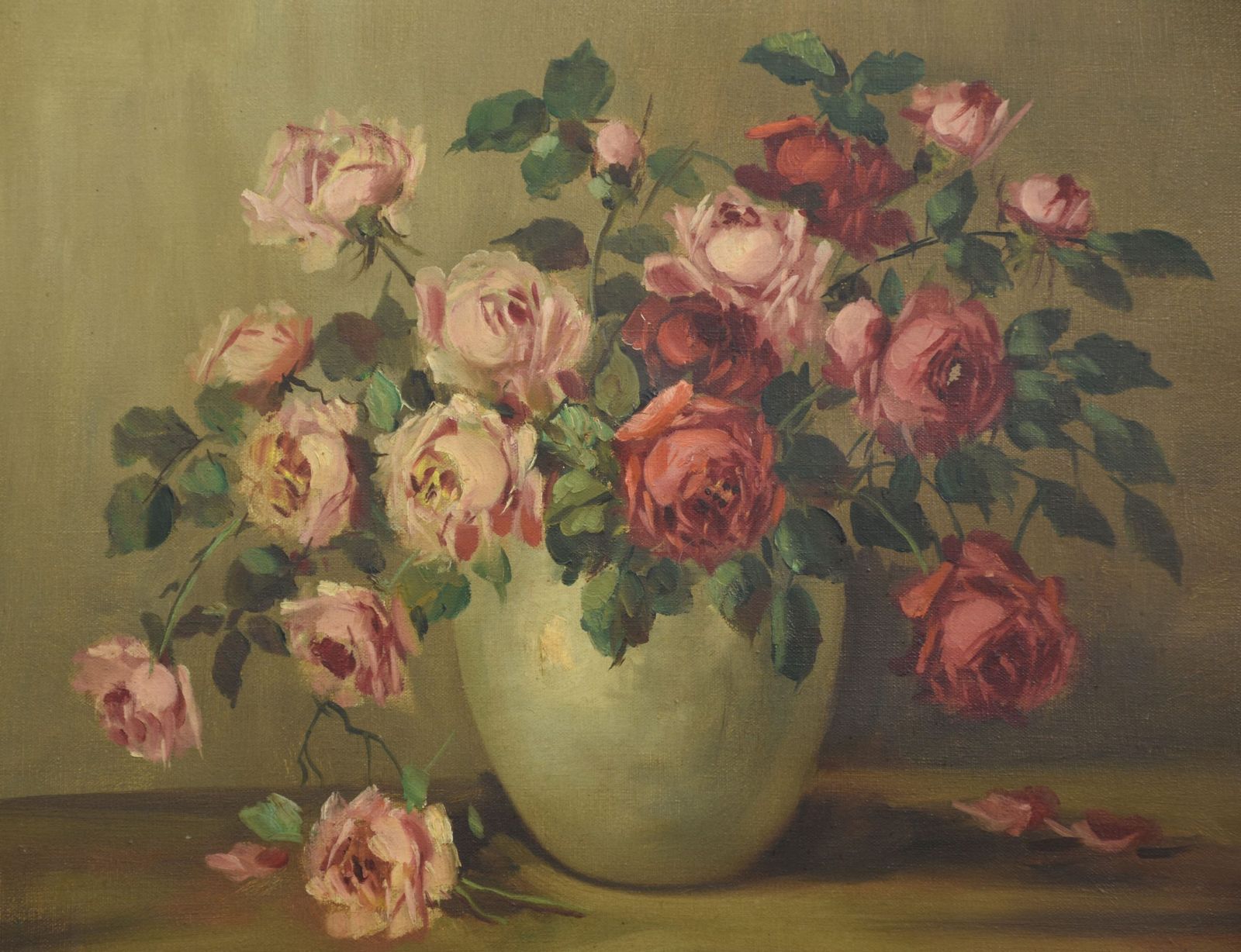 Still Life Oil On Canvas Roses In Vase Painting photo vinterior