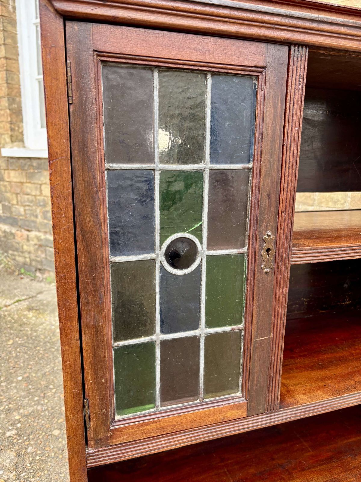 Arts & Crafts Oak Bookcase With Leaded Glass Doors, C.1910 photo vinterior