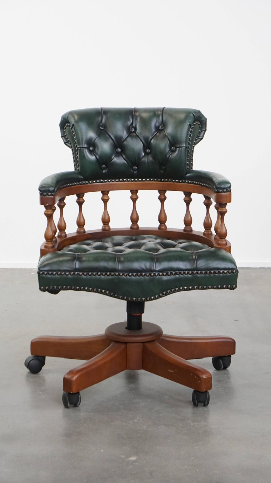 Stylish Functional Dark Green Chesterfield Office Chair In Cowhide Leather And Wood On Wheels photo furniture