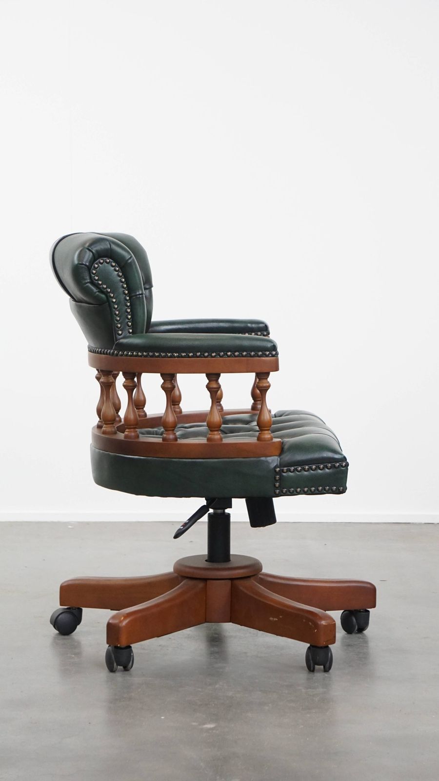 Stylish Functional Dark Green Chesterfield Office Chair In Cowhide Leather And Wood On Wheels photo for sale