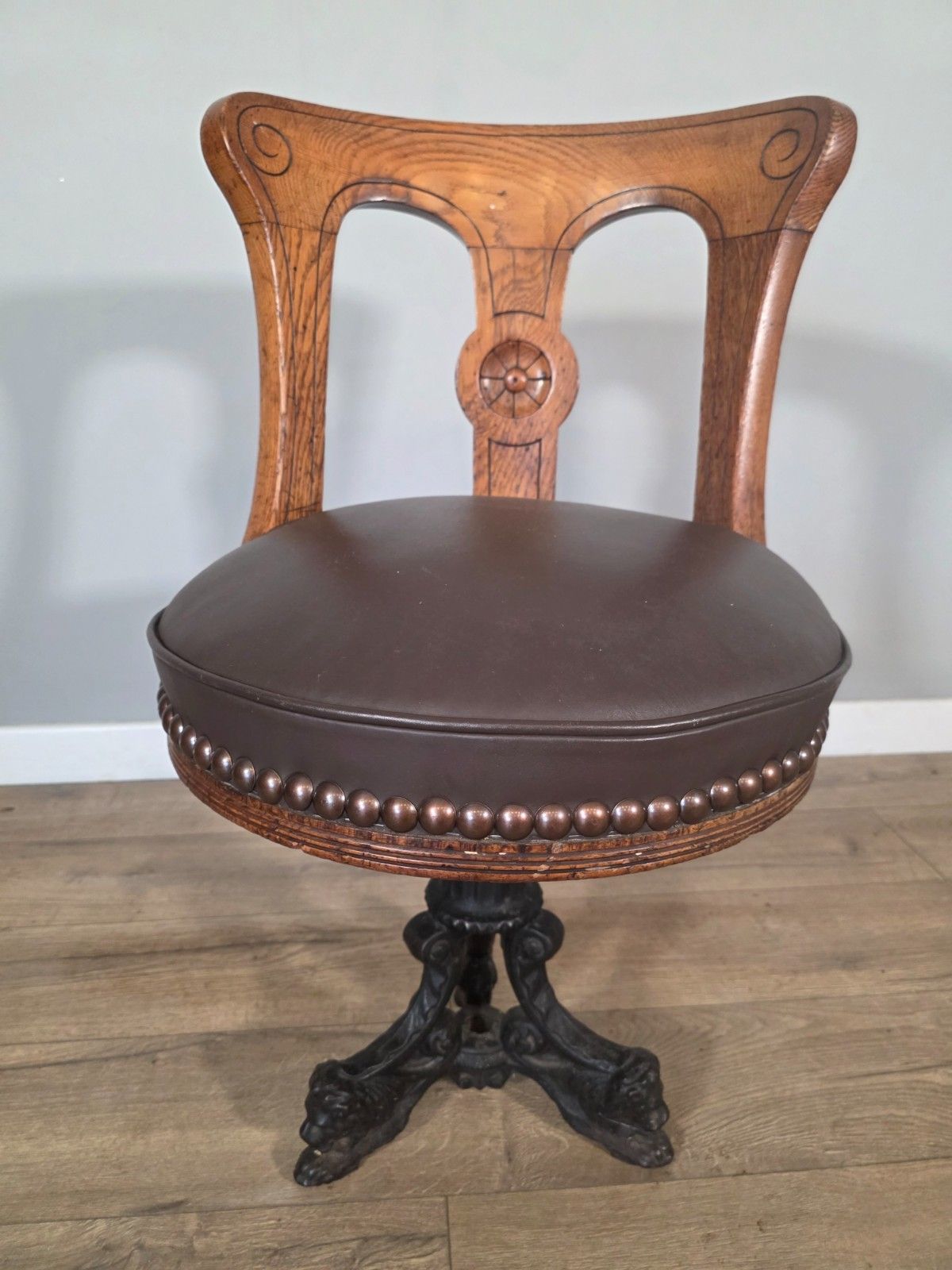 Antique 1890s Cast Iron & Oak Upholstered Ships Chair photo for sale