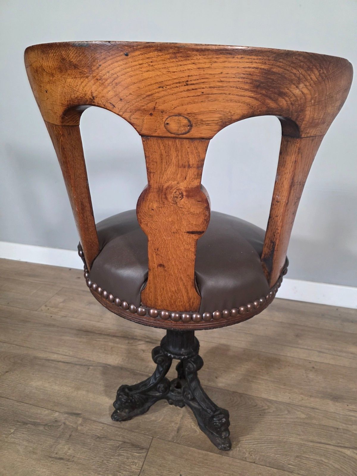 Antique 1890s Cast Iron & Oak Upholstered Ships Chair photo vintage